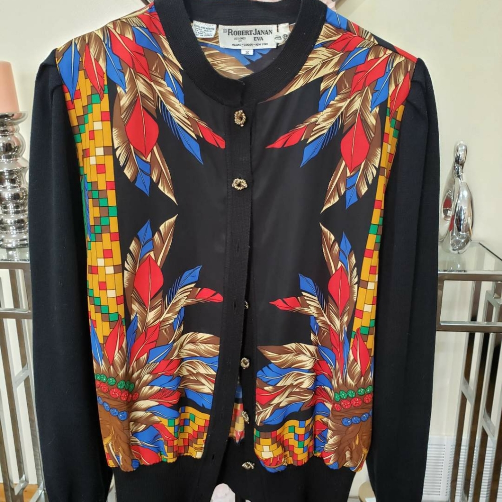 Dressy cardigan style jacket. Gorgeous colors. Perfect for mixing prints.